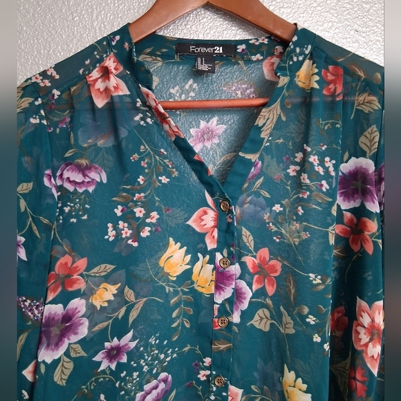 Floral Teal Button-Up Women's Top - Picture 10 of 14